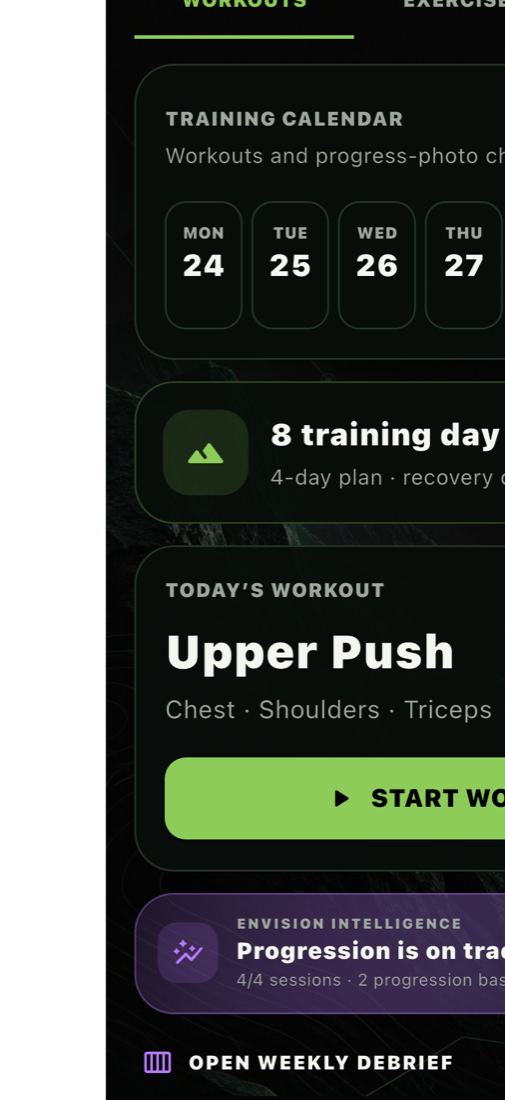 Envision Fitness training screen focused on the workout plan
